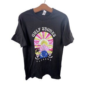 Graphic Tee Gulf Shores Alabama Size Medium Black Cotton Sun Moon Floral Design
